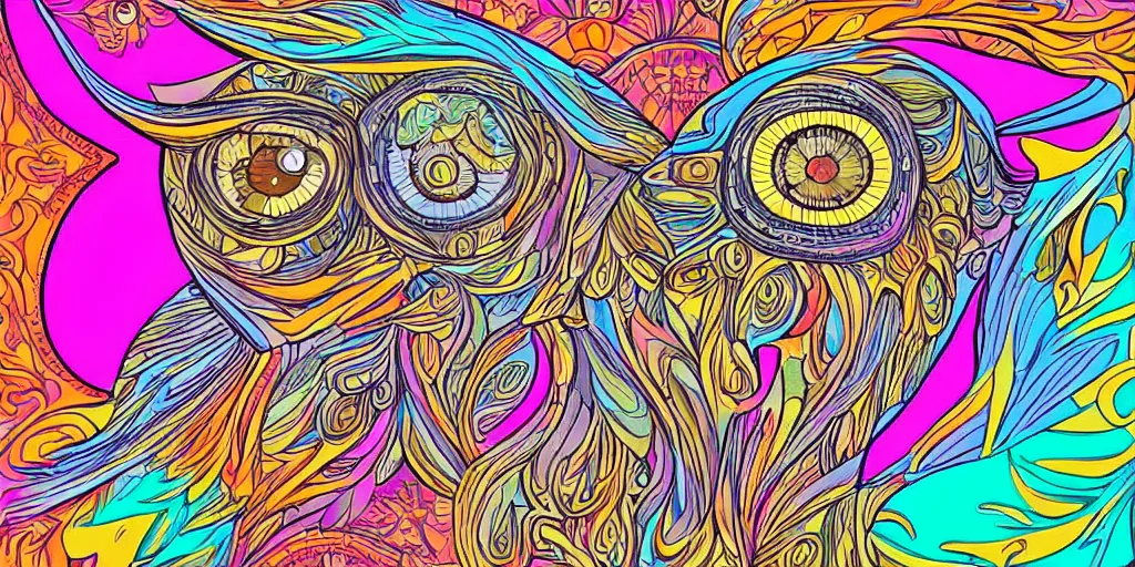 Image similar to Owl head in the style of art nouveau, colorful, detailed, hyper-detailed, fractals