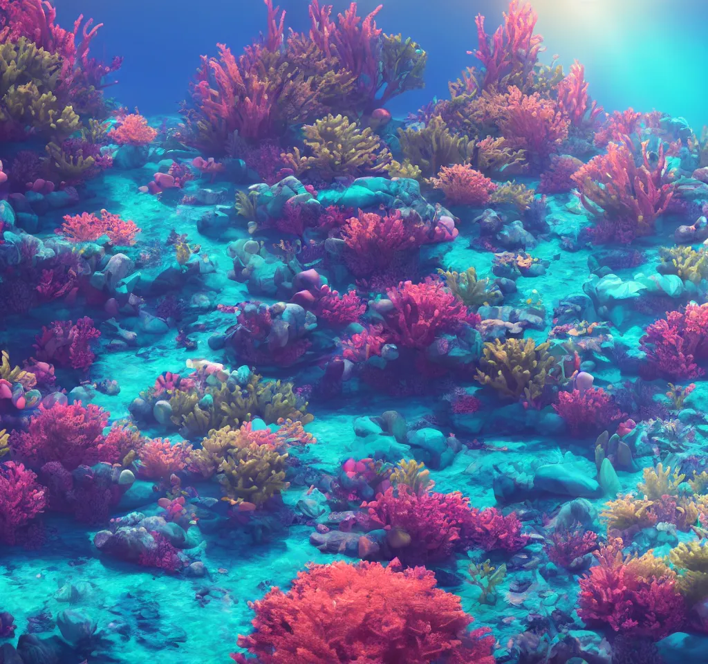 Image similar to underwater neon coral reef landscape magical realism painting with sun rays coming from above, neon pastel colors, octane render, maya, cinema 4d