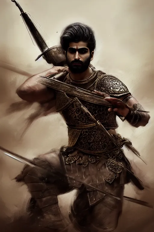 Image similar to portrait of a Persian Prince fighting at war, warrior, brutal battle, handsome prince, shaved face, no beard, attractive young man, heroic pose, persian style architecture, dramatic lighting, dark and horror, action and tragedy, dust and blood, intricate, wild, highly detailed, digital painting, artstation, concept art, smooth, sharp focus, illustration, art by artgerm and greg rutkowski and alphonse mucha, footage from space camera