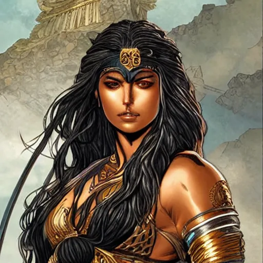 Prompt: greek amazon warrior, a tall beautiful woman with bronzed skin and long raven hair, dressed in leather and hellenistic armour, intricate, elegant, highly detailed, smooth, sharp focus, detailed face, high contrast, graphic novel, art by pepe larraz,