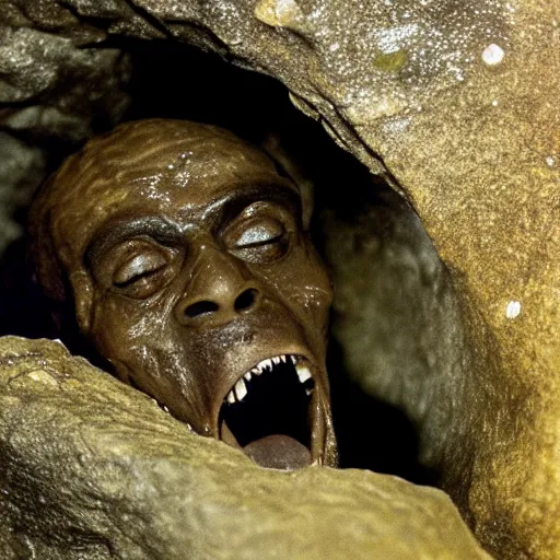 Image similar to photo inside a cavern of a wet reptilian humanoid miles davis partially hidden behind a rock, with black eyes, open mouth and big teeth