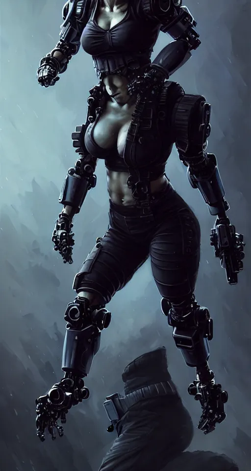 Image similar to gina carano as an ork with robotic left arm, casual black clothing, muscular, realistic proportions, casual pose, large portrait, cyberpunk, shadowrun, rpg character, digital painting, artstation, concept art, smooth, 8 k frostbite 3 engine, ultra detailed, art by artgerm and greg rutkowski and magali villeneuve