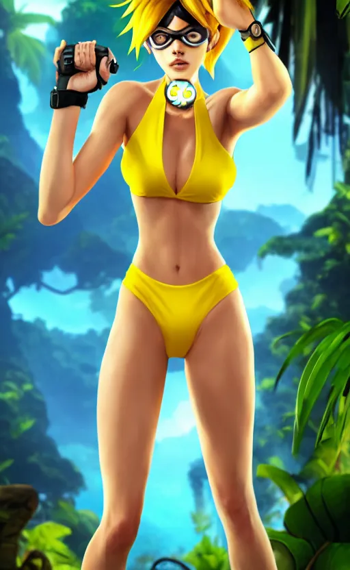 Image similar to tracer game character, in yellow bikini, blonde hair, black eyes, hands free, against the background of the jungle full height