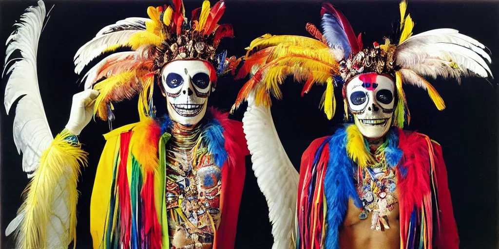 Image similar to ney matogrosso with paint on face, feathers, leather, lace, gold wings on head, tibetan skeleton dancer, painting by gottfried helnwein, max ernst