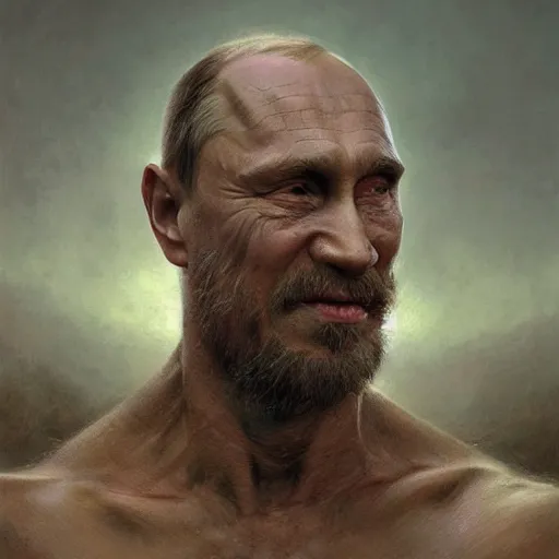 Prompt: vladimir putin, putin is bald caveman, vladimir putin awe face, toothless macabre face, by donato giancola and greg rutkowski and wayne barlow and zdzisław beksinski, realistic face, digital art