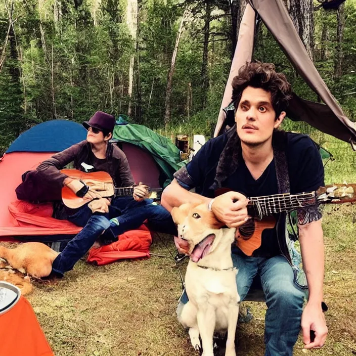 Prompt: john mayer goes camping, he's in a tent with his guitar, his dog, and his fiance. it's a pretty picture.