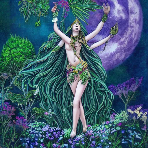 Image similar to earth goddess surveys her domain, plants erupting from the ground, high detail