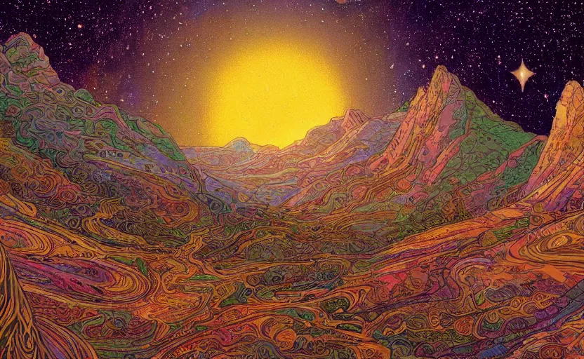 Prompt: mountains, stars and paisley filled sky, artstation, intricate, highly detailed, digital painting, concept art, sharp focus, illustration by Charles Williams and Ivan Bilibin