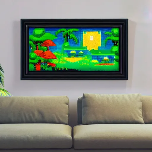 Prompt: a framed painting of a beautiful pixel art tropical landscape