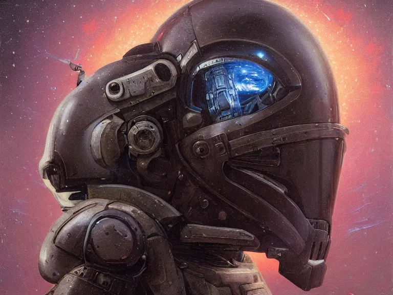 Image similar to a detailed profile portrait oil painting of a lone shock trooper in a space armour with reflective helmet, cinematic sci-fi poster. technology flight suit, bounty hunter portrait symmetrical and science fiction theme with lightning, aurora lighting clouds and stars by beksinski carl spitzweg and tuomas korpi. baroque elements, full-length view. baroque element. intricate artwork by caravaggio. Trending on artstation. 8k