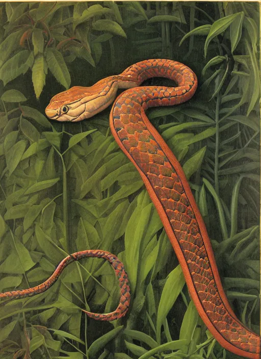 Image similar to a 3 5 mm portrait of a boiga snake wearing an adidas anorak painted by henri rousseau and norman rockwell