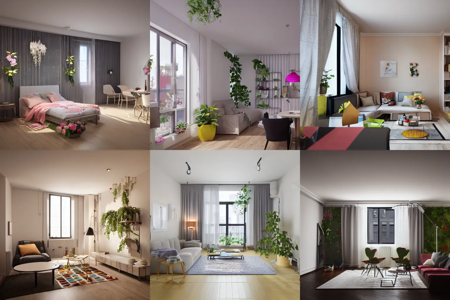 Prompt: apartment flat with 4 rooms decorated with flowers, isometric, octane render, volumetric lighting