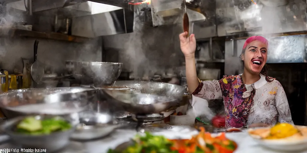 Prompt: It is morning, and the sun is shining on the Aegean coast in Turkey. The camera is positioned at a low angle, looking up at a stunning kurdish girl as she works in the kitchen of her family's kebab restaurant. She is laughing and singing to herself as she cooks