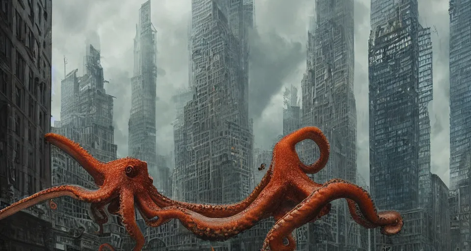 Prompt: giant pacific octopus in between high buildings, dramatic scene, beautiful atmosphere, by greg rutkowski and maciej rebisz, kodak portra