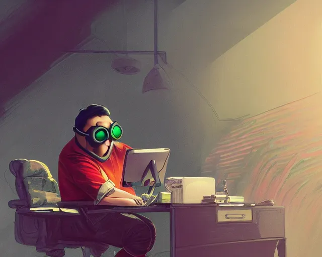 Prompt: an insanely detailed painting of a slightly chubby, nerdy asian man wearing a superhero costume and mask, sitting at a desk, staring at the nervously at the computer and typing, in the style of peter mohrbacher, dramatic lighting and composition, octane render, trending on artstation, concept art, comic book, view from behind