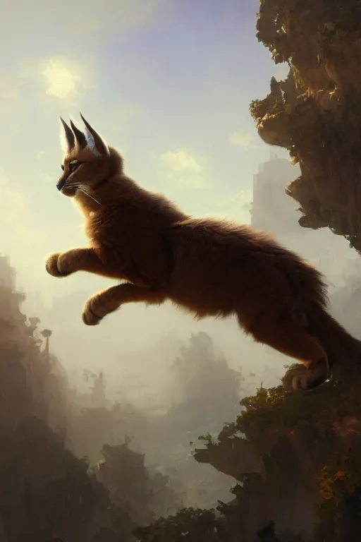 Prompt: cute fluffy caracal flying up on the victorian city, extremely detailed digital painting, in the style of fenghua zhong and ruan jia and jeremy lipking and peter mohrbacher, mystical colors, rim light, beautiful lighting, 8 k, stunning scene, raytracing, octane, trending on artstation