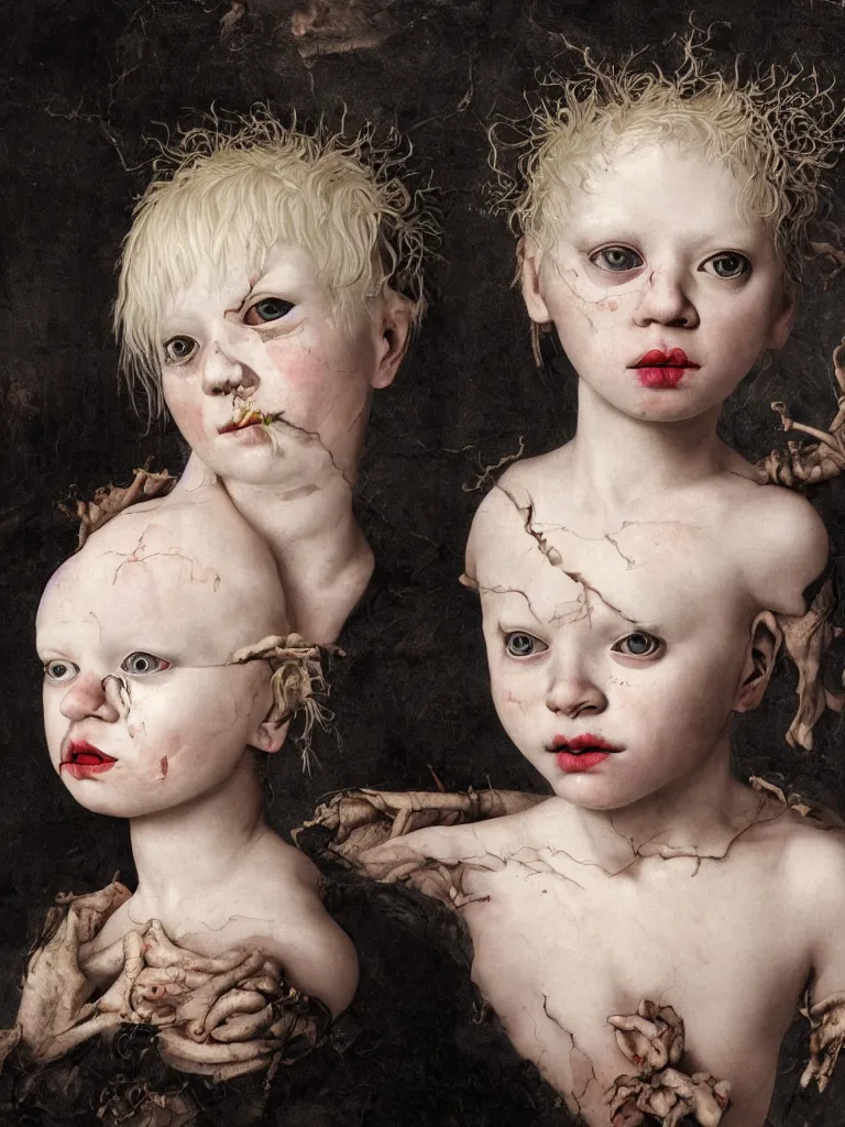 Image similar to Detailed maximalist portrait of a stunning albino child with cracked porcelain skin, dark piercing eyes, a small discrete mouth, HD mixed media, 3D collage, highly detailed and intricate, surreal illustration in the style of Caravaggio, dark art, baroque