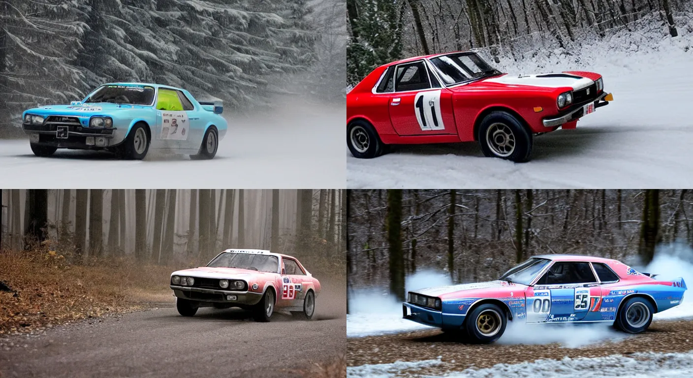 Prompt: a 1 9 7 1 nissan skyline 2 0 0 0 gt - r, racing through a rally stage in a snowy forest