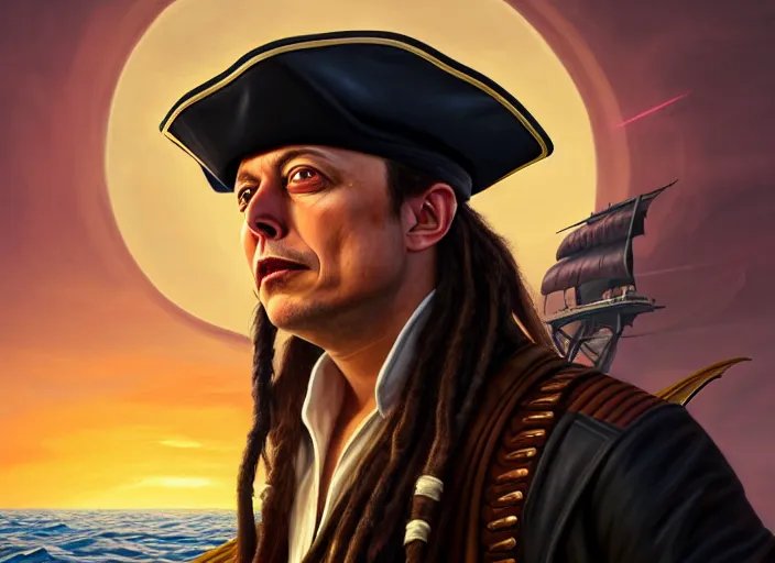 Image similar to highly detailed painting of a sly Elon Musk as a dread pirate captain, proudly posing at the helm of his frigate wearing a pirate hat at sunset, artstation, cinematic lighting, hyperdetailed, cgsociety, 8k, high resolution, insanely detailed and intricate, concept art, smooth, sharp focus, illustration, art by John Collier and Albert Aublet and Krenz Cushart and Artem Demura and Alphonse Mucha, masterpiece