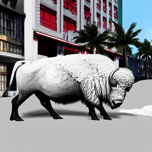 Image similar to a buffalo in the urban streets, cocaine buffalo, covered in white flour, white powder bricks, miami heat colors, south beach colors, 8 k, dynamic lighting, hdr, trending on artstation, ultra detailed, professional illustration, unreal engine