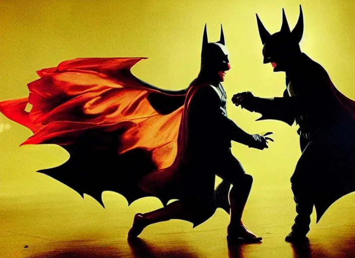 Image similar to Batman and Joker dance together，atmospheric lighting, masterpiece, award winning painting by Emmanuel Lubezki