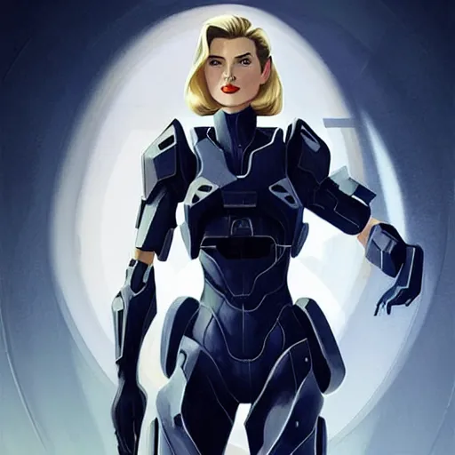 Image similar to A combination of Grace Kelly's and Ada Wong's and Ashley Greene's appearances with blonde hair wearing Forerunner armor from Halo, high tech, action shot, angular, full body portrait, futuristic, dramatic, fantasy, intricate, elegant, highly detailed, artstation, matte, sharp focus, 8K, art by Artgerm and Greg Rutkowski and Alphonse Mucha