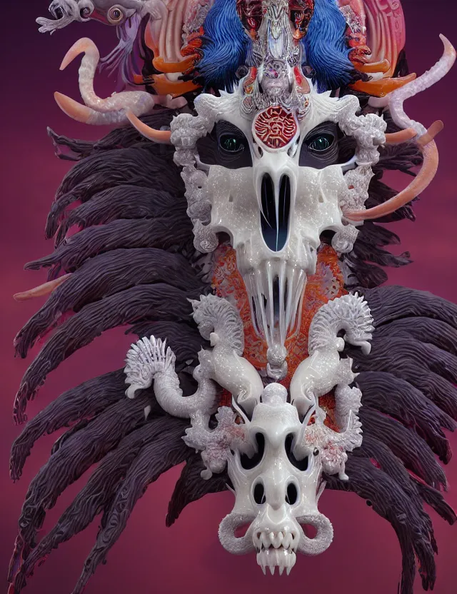 Image similar to 3 d goddess close - up profile portrait of satanic with ram skull. beautiful intricately detailed japanese crow kitsune mask and clasical japanese kimono. betta fish, jellyfish phoenix, bio luminescent, plasma, ice, water, wind, creature, artwork by tooth wu and wlop and beeple and greg rutkowski