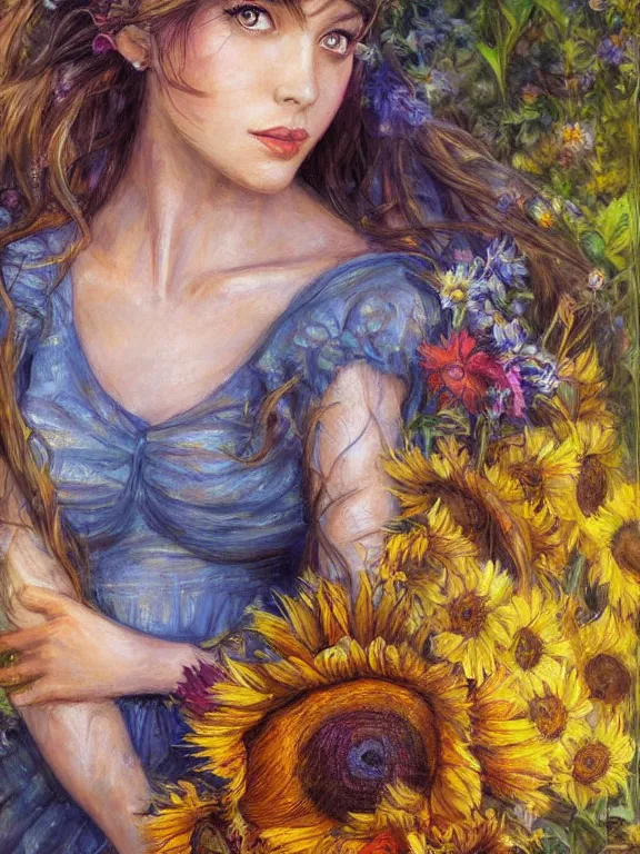 Prompt: a painting portrait of a girl at sunflowers garden, tifa lockhart, centered, a character portrait by josephine wall, albert lynch, atey ghailan, deviantart contest winner, fantasy art, wiccan, deviantart, detailed painting