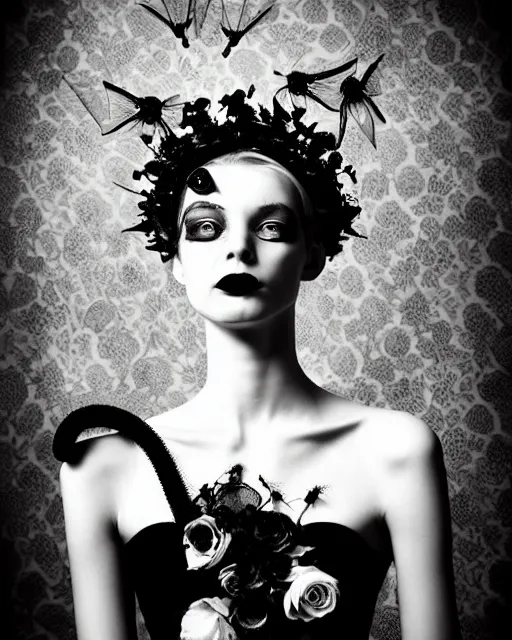Image similar to dreamy surreal poetic black and white photo of a beautiful young female-cyborg-vegetal with a very long neck and a super big gothic lace collar filled with dead flies and a very high big floral crown with many black dry roses by Vivienne Westwood:: smoke, high fashion, haute couture, rococo, avant-garde, elegant, dreamy, hyper realistic, 150 mm lens, soft rim light, octane render, unreal engine, picture was taken in 1910 by Dora Maar, volumetric lighting, dramatic light,8k,