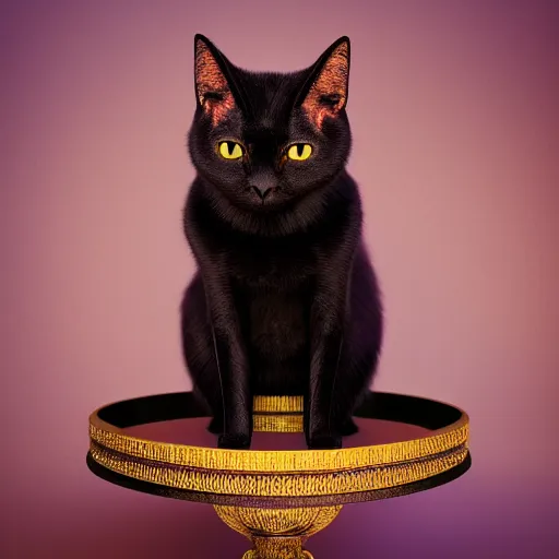 Prompt: a full-body shot of a black void cat with golden glowing eyes, fairytale, beautiful, intricate, elegant, ornate, super detailed, Octane render, reflections