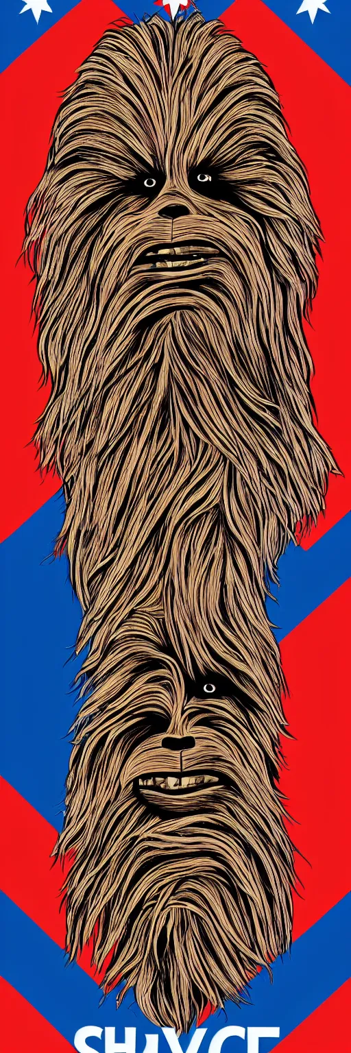 Image similar to chewbacca presidential election poster showing close up of chewbacca face red and blue duotone by sheperd fairey no text