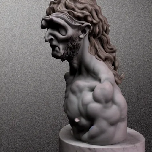 Image similar to dust holy saint demon cyclops sculpted on dark flow marble by antonio corradini