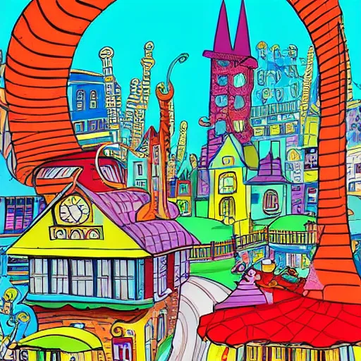 Image similar to fanciful city filled with curvy buildings, by dr seuss, oh the places you'll go, arches, platforms, towers, bridges, stairs, colorful kids book illustration