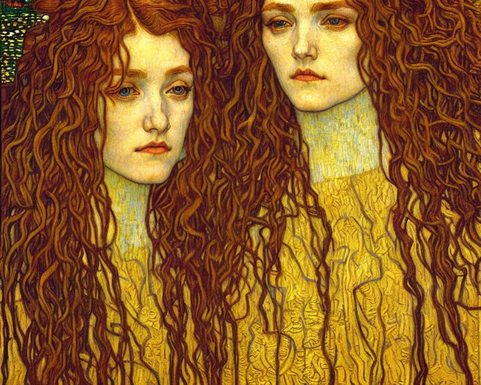 Image similar to detailed realistic beautiful young medieval queen face portrait by jean delville, gustav klimt and vincent van gogh, art nouveau, symbolist, visionary, gothic, pre - raphaelite, muted earthy colors, desaturated