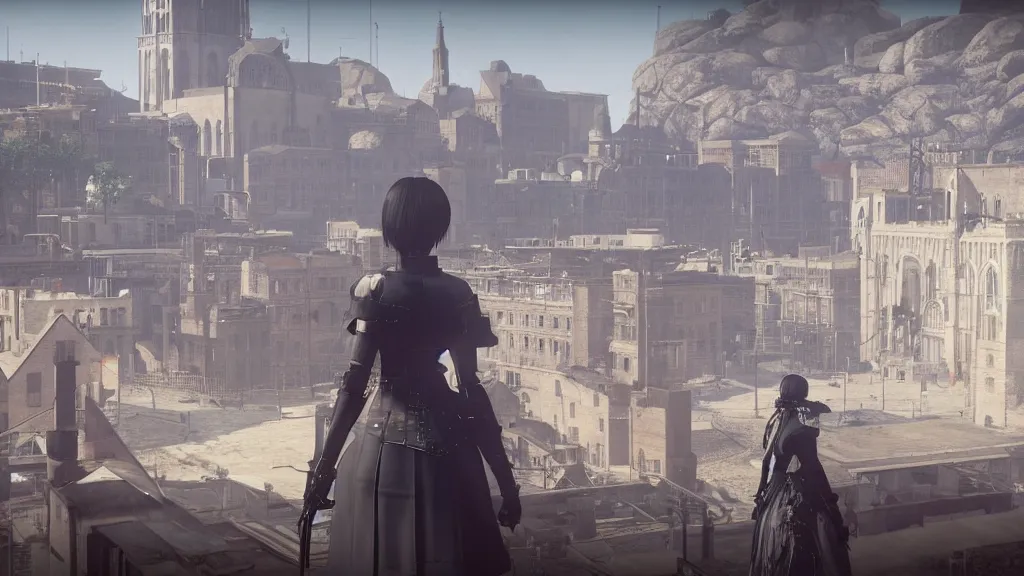 Image similar to Screenshot from Nier Automata in Marseille. In the background there is the basilica Our Lady of the Guard