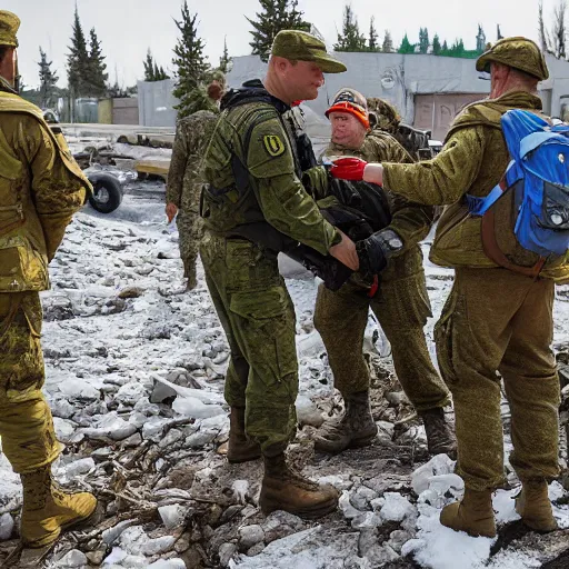 Prompt: a canadian soldier helping citizens in ukraine, 4 k, high detail, high - resolution photograph, professional photography, ultra - detail