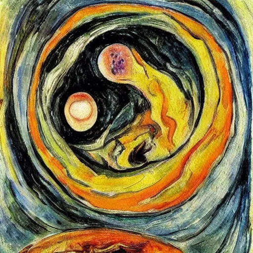 Image similar to by oskar kokoschka precise, realistic. a beautiful painting of a black hole consuming a star.