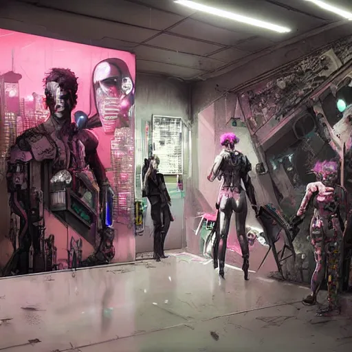 Image similar to cyberpunk inner gallery, iridescent tv repair shops, cybernetic body parts shops, pink noir matte painting by raoul ruiz, yoji shinkawa and esao andrews