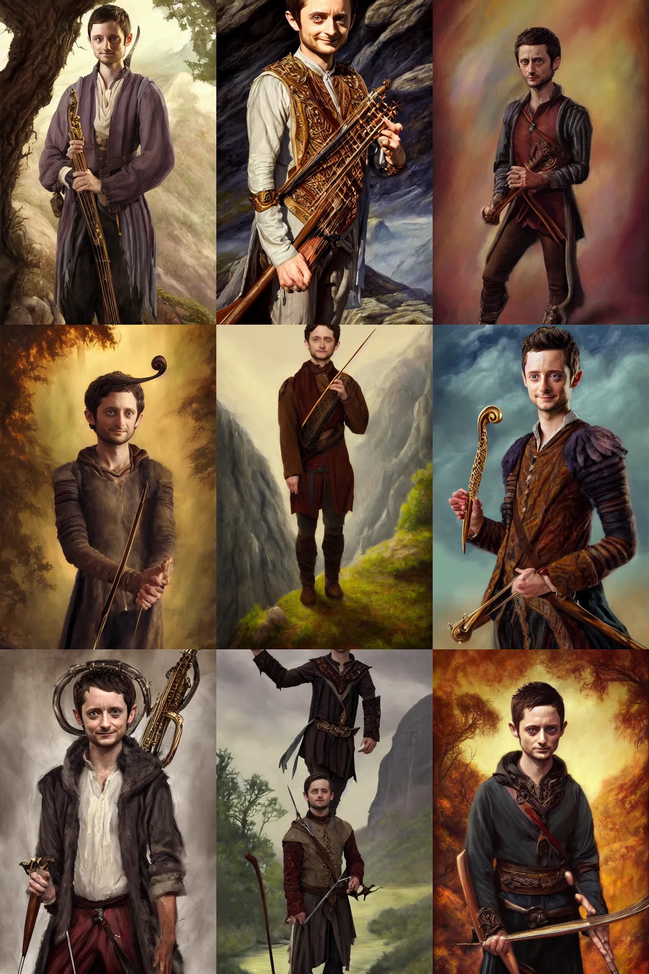 Prompt: a full body high detail fantasy portrait oil painting illustration of elijah wood as an elegant male bard by justin sweet with face and body clearly visible, in a scenic background, visible pupils, realistic proportions, d & d, rpg, forgotten realms, artstation trending, high quality, sombre mood, artstation trending, muted colours, entire person visible!