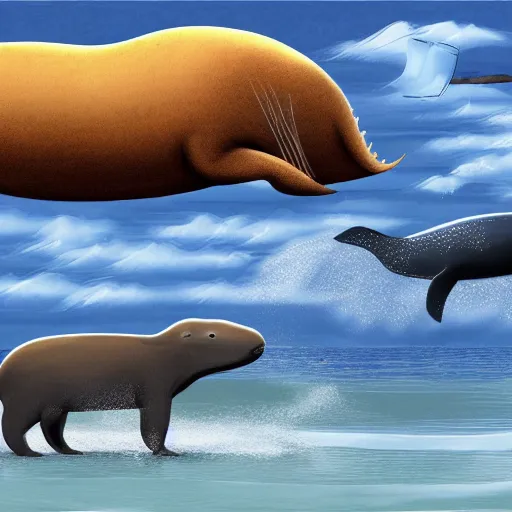 Prompt: capybaras converging on whale evolution, highly detailed concept art