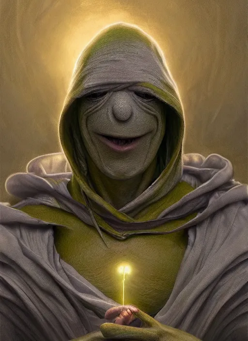 Image similar to Portrait of Kermit the Frog, white glowing eyes, silver hair, cloak, ethereal wings, male, fantasy, extremely detailed, digital painting, artstation, concept art, smooth, sharp focus, illustration, stunning lighting, art by artgerm and greg rutkowski and alphonse mucha and simon stalenhag, realistic character concept, high fantasy, light atmosphere, golden ratio, cinematic lighting, hyperdetailed, high resolution, insanely detailed and intricate, artstation, Marc Simonetti, Greg Rutkowski, 8k