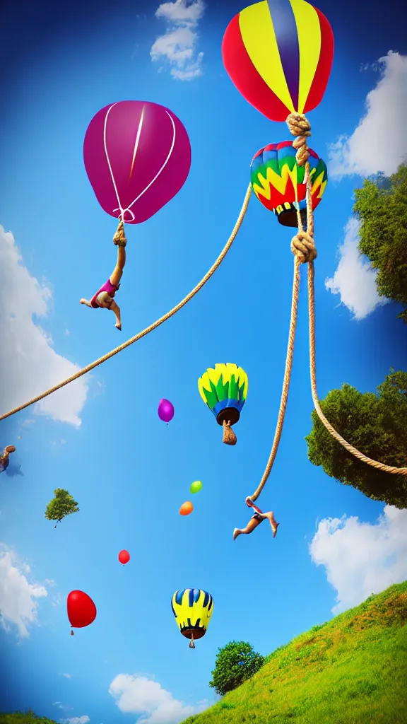 Prompt: large colorful balloons with people on rope swings underneath, flying high over the beautiful countryside landscape, professional photography, 8 0 mm telephoto lens, realistic, detailed, digital art, unreal engine