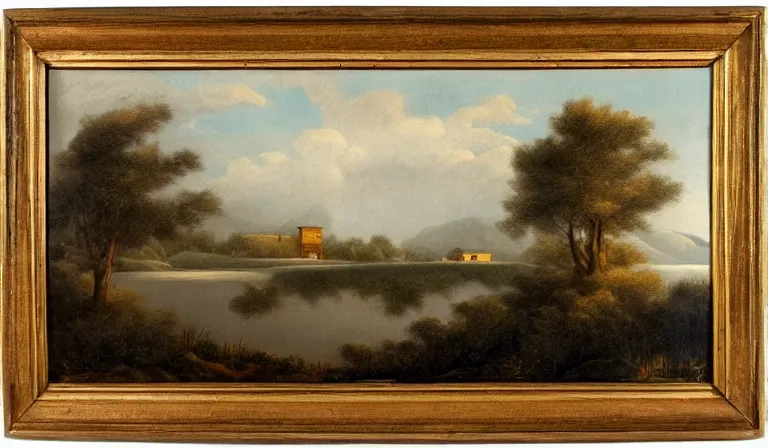 Prompt: A serene landscape with a singular building in the style of Federico Pelat.