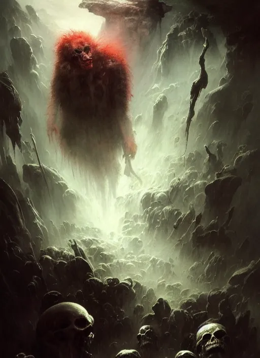 Image similar to shackled in styx river of the underworld, frank frank frazetta and cgsociety, stunning sasquatch, blood splatters, charlie bowater and tom bagshaw, insanely detailed, deviantart, space art, atoms surrounded by skulls, death, and spirits flying, water fall, horror, sci - fi, surrealist painting, by peter mohrbacher