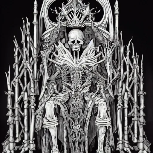 Image similar to A lich sitting on the throne made of bones, magical glow, intricate, sharp details