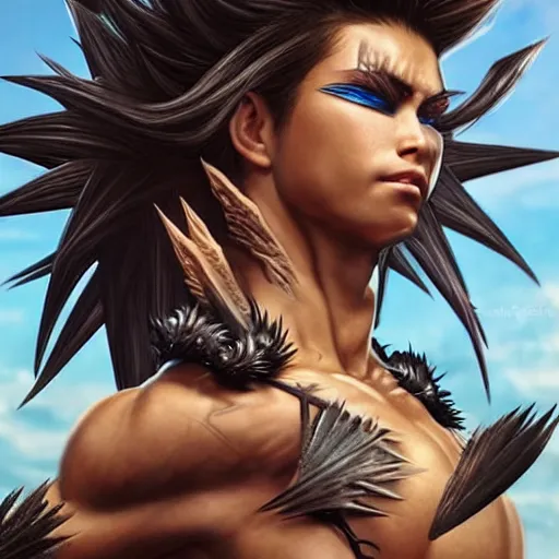 Image similar to warrior girl, muscular girl, wild spiky black saiyan hair, long spiky hair, electrified hair, scimitar, ultra realistic, intricate details, highly detailed, subsurface scattering, photorealistic, octane render, 8 k, art by artgerm, greg rutkowski, magali villeneuve, alphonse mucha