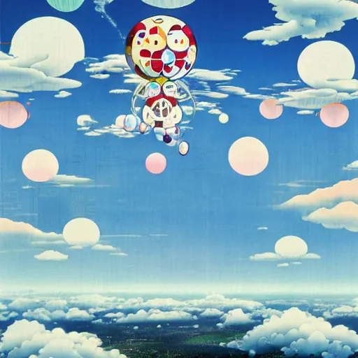 Image similar to a man walking on clouds above kyoto by takashi murakami, beeple and james jean, aya takano color style, 4 k, super detailed