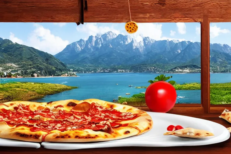 Image similar to italian chef yells at a pinnaple pizza on the table on pizza hut, beach background, mountains background, 8k, high detailed, high resolution