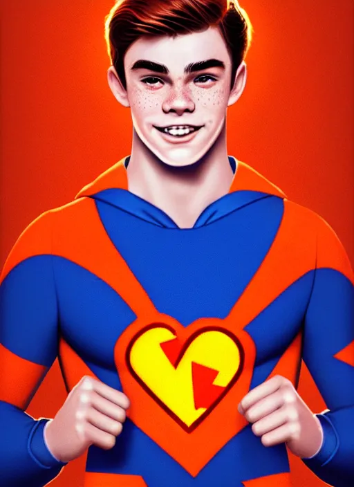 Image similar to friendly teenage archie andrews wearing an orange superhero costume with heart logo, heart, freckles, blue cape, heart emblem on chest, blue cape, intricate, elegant, glowing lights, highly detailed, digital painting, artstation, sharp focus, illustration, art by wlop, mars ravelo and greg rutkowski