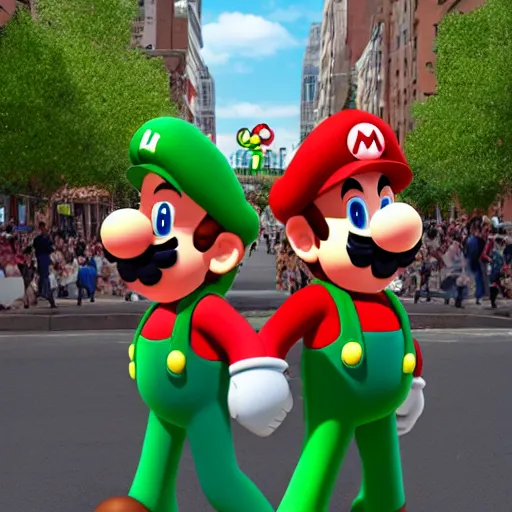 Image similar to Mario and Luigi attending Christopher Street Day, dramatic lighting, cinematic, photorealistic, award-winning, 4K